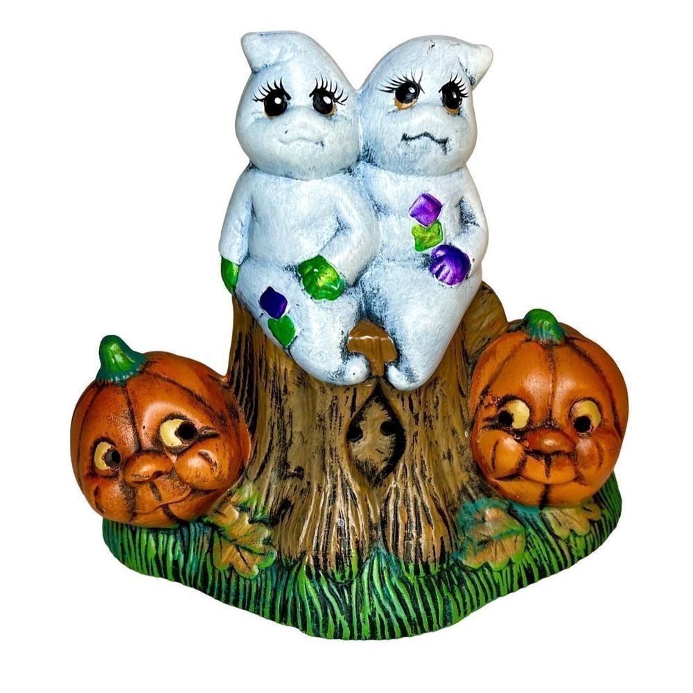 Vintage Halloween Tealight Ceramic Ghost Couple On Stump W Pumpkins TV Prop